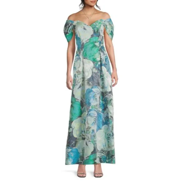 Aidan Mattox By Adrianna Papell Floral Print Off-The-Shoulder Gown Size 4 Multic - Picture 2 of 6